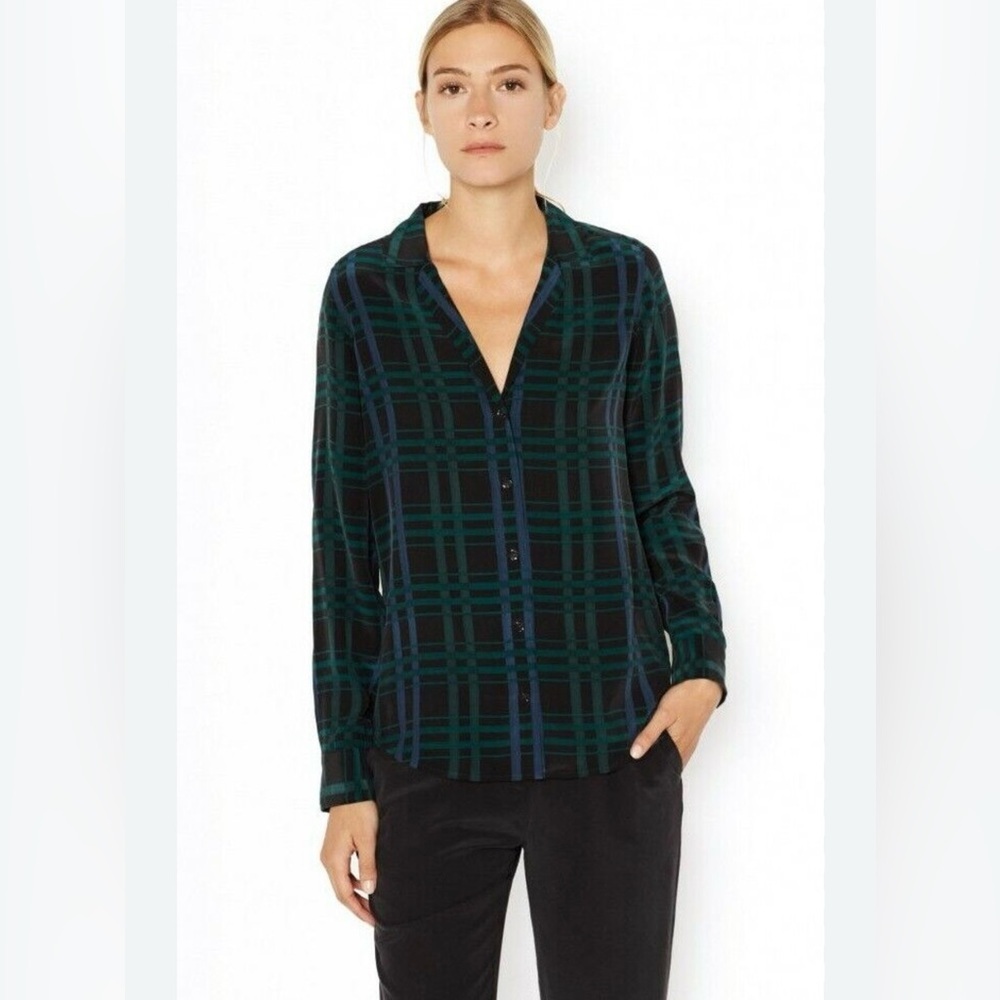 Equipment Adalyn Plaid V-Neck Silk Shirt Blouse, Ink Multi Size M